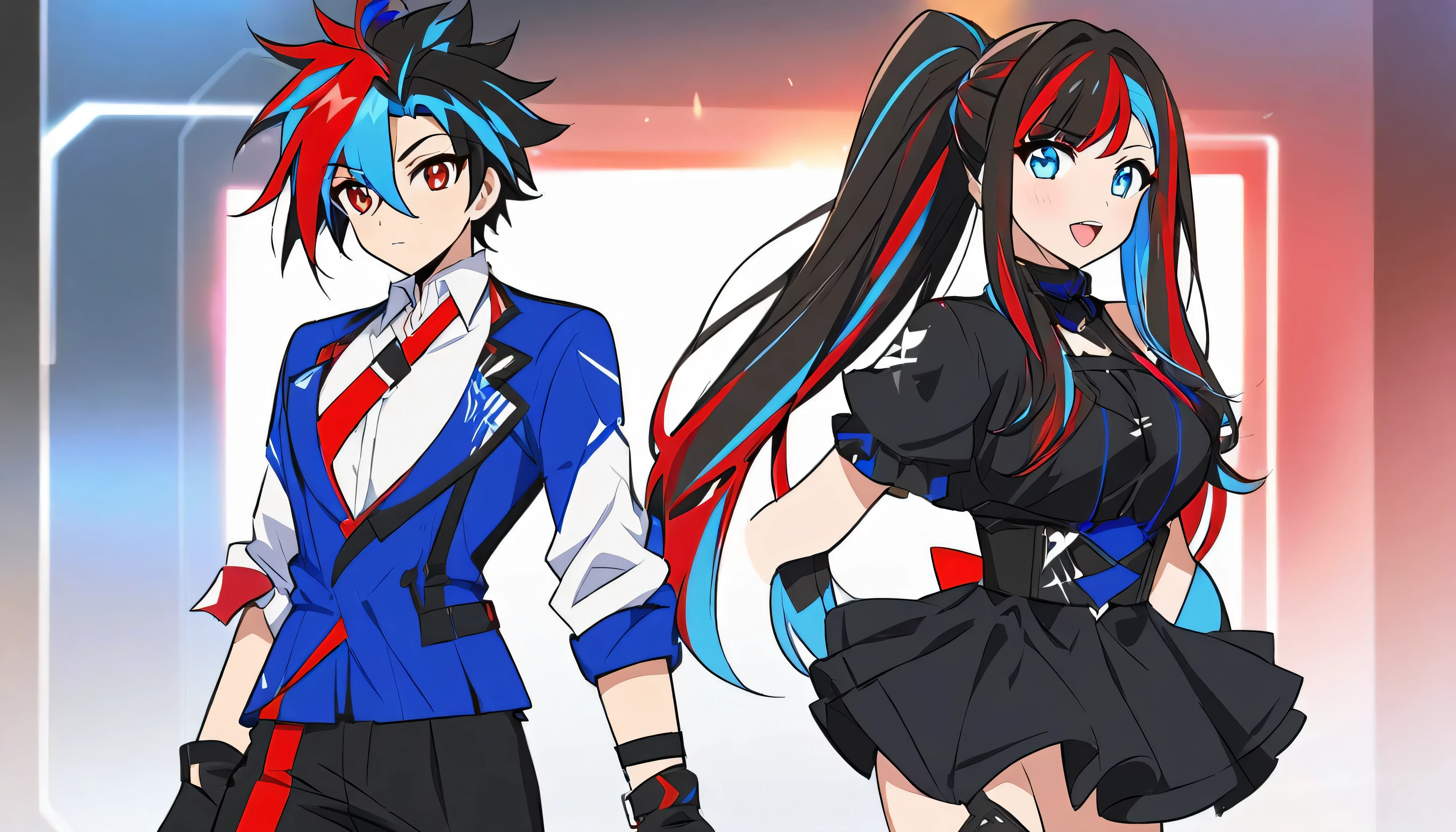 Anime Design, 1male(black red hair,multicolored hair,male,White shirt,black outfit), 1female(blue white hair,multicolored hair,female,girl,blue outfit) ,teamup