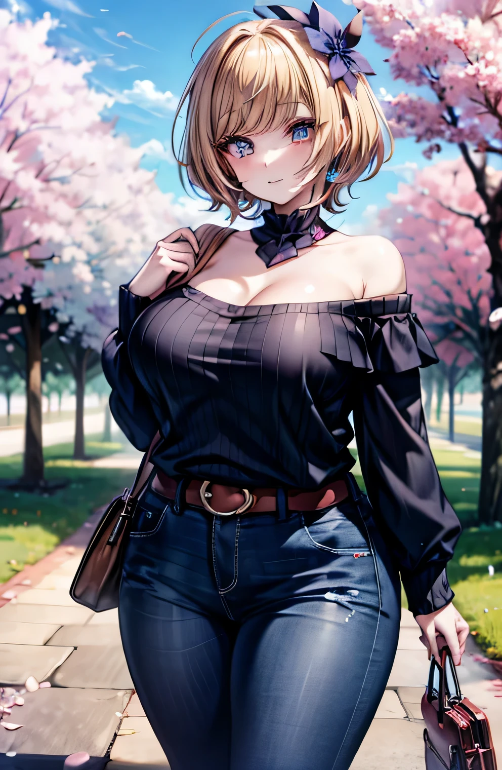 Anime illustration、highest quality、A short and plump high school girl、Off-the-shoulder shirt、Low-rise pants、Cherry-blossom viewing、Cherry blossom trees along the bank、Perfect proportions、overwhelmingly big breasts、Beautiful, shining eyes、Cowboy Shot、Blushed、smile