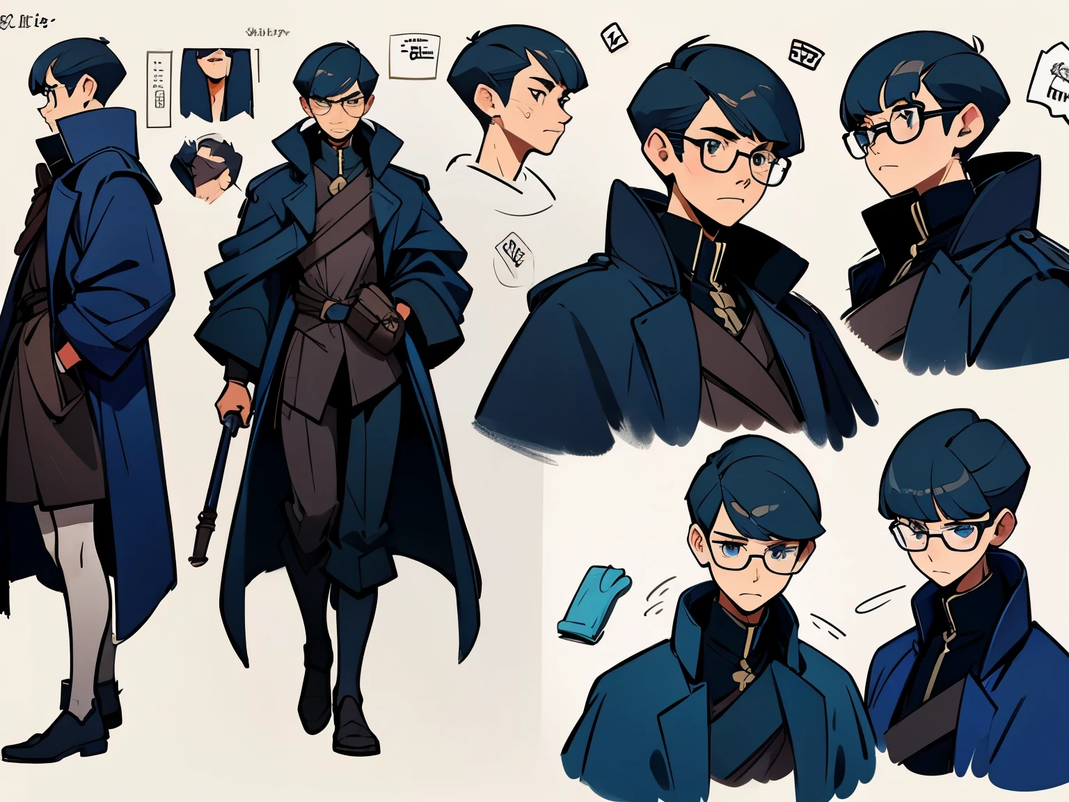 Character design, concept character, illustration, man, navy tone colour, wearing glasses, cool vibes face, long coat, wand weapon, character reference sheet, two block hair style, black hair, leadership character, modern outfit