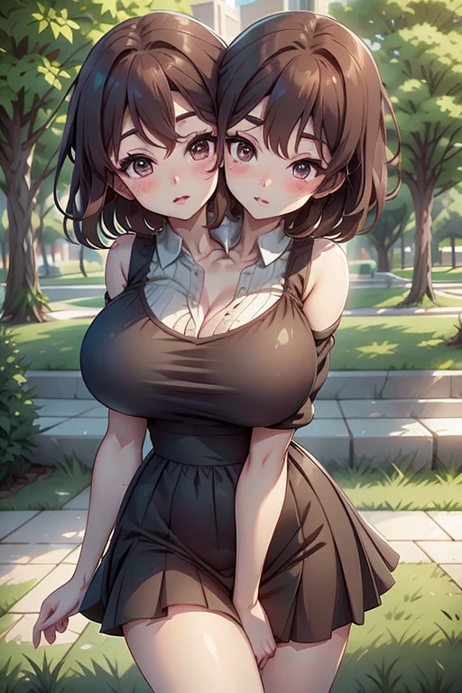2 heads, a short skinny woman with 2 heads. Outside in a park. Big breasts. Thin gorgeous face. Short sundress. Young. Happy. Flirty. Seductive. Short. Wild messy maroon hair. Cute. Girlfriend. Short, small and cute. Close up. Blushing. In love. Kiss, kissing, kissing each other.
