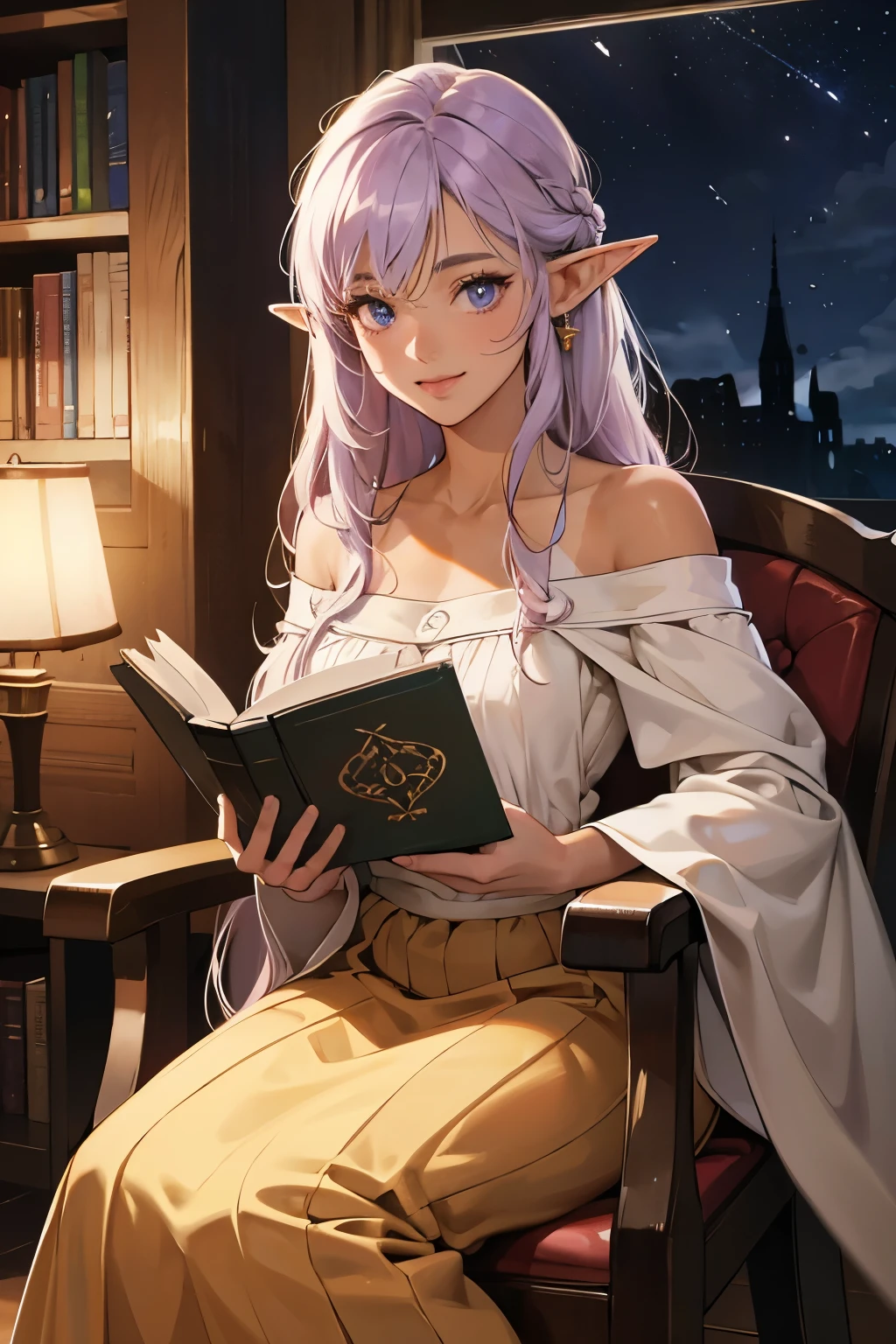 (absurdres, highres, ultra detailed),Masterpiece,intricate details,Best quality,8k,Realistic face,Realistic skin texture,magnified textures, stunning clarity, ultra detailed eyes and faces,(elf ears),(tan skin:1.5),light purple hair,long hair,smile,22 years old,off-the-shoulder top,long skirt,reading a book,(look at viewer),tsurime,(fireplace),cozy mood,(medieval fantasy),Rockin&#39; Chair,Bookshelf,cinematic lighting,(night:1.2),faint light,darkness