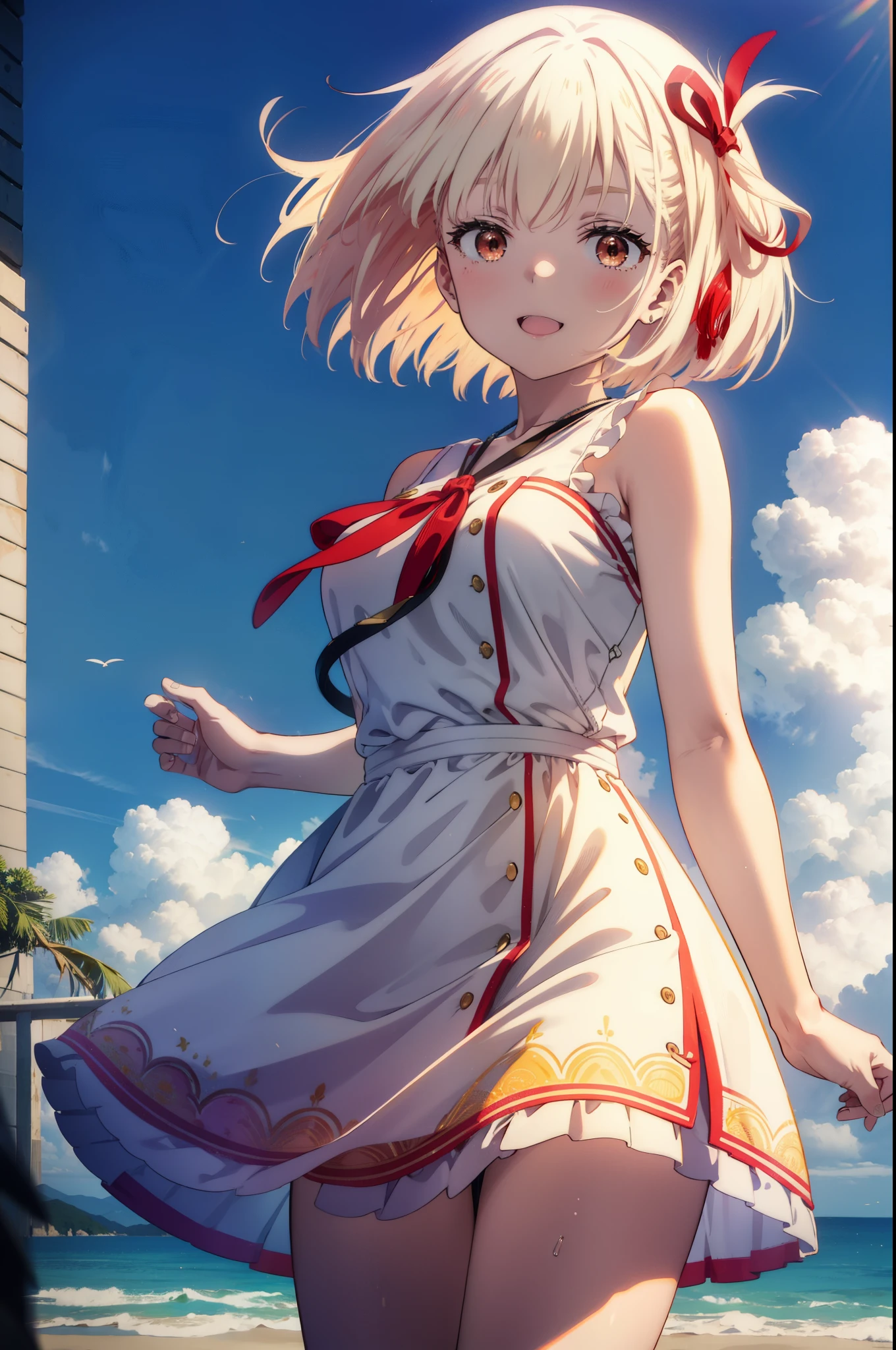 chisatonishikigi, Chisato Nishikigi, Short Hair, bangs, blonde,Bobcut, White hat(Red eyes:1.5), Hair Ribbon,One side up,happy smile, smile, Open your mouth,smile,blush,Red sleeveless dress,White long skirt,Bare arms,Bare neck,Rocket Pendant,Cute Sandals,real summer,sunny,It's as if your whole body is in the illustration., break outdoors, coastal,City Street, break looking at viewer, (Cowboy Shot:1.5), break (masterpiece:1.2), highest quality, High resolution, unity 8k wallpaper, (shape:0.8), (Beautiful details:1.6), Highly detailed face, Perfect lighting, Highly detailed CG, (Perfect hands, Perfect Anatomy),