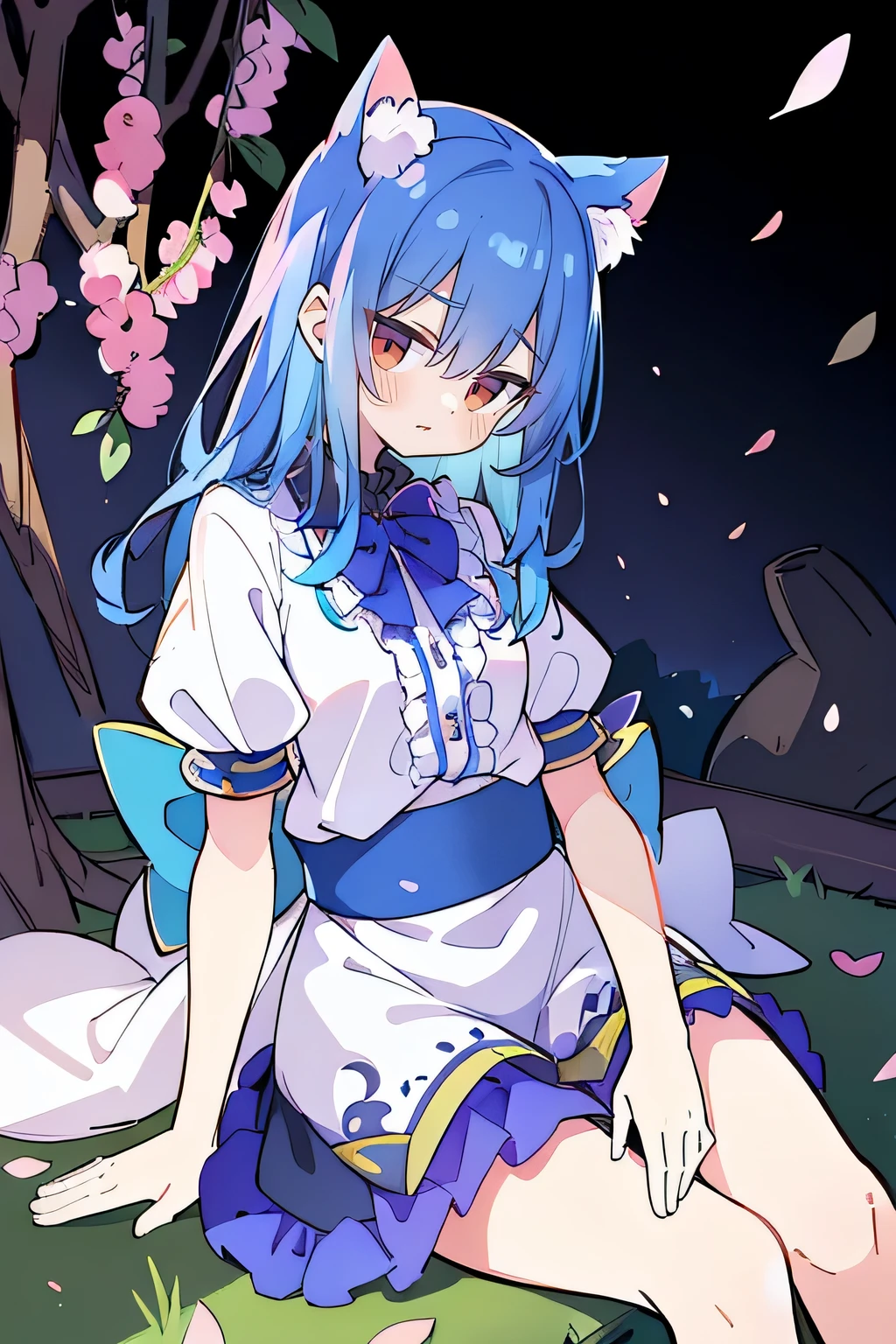 (masterpiece:1.2),ultra-detailed,realistic,expressive eyes,fair-skinned,perfectly shaped face,1girl,
Japanese cartoons,Gorgeous blue hair, flowing blue hair,floating clothes,cat ears,petals falling,beautiful Lola,Hina Angel,
hands on waist,gracefully sitting on the ground,legs crossed,gentle and serene background,cool and comfortable pavilion.