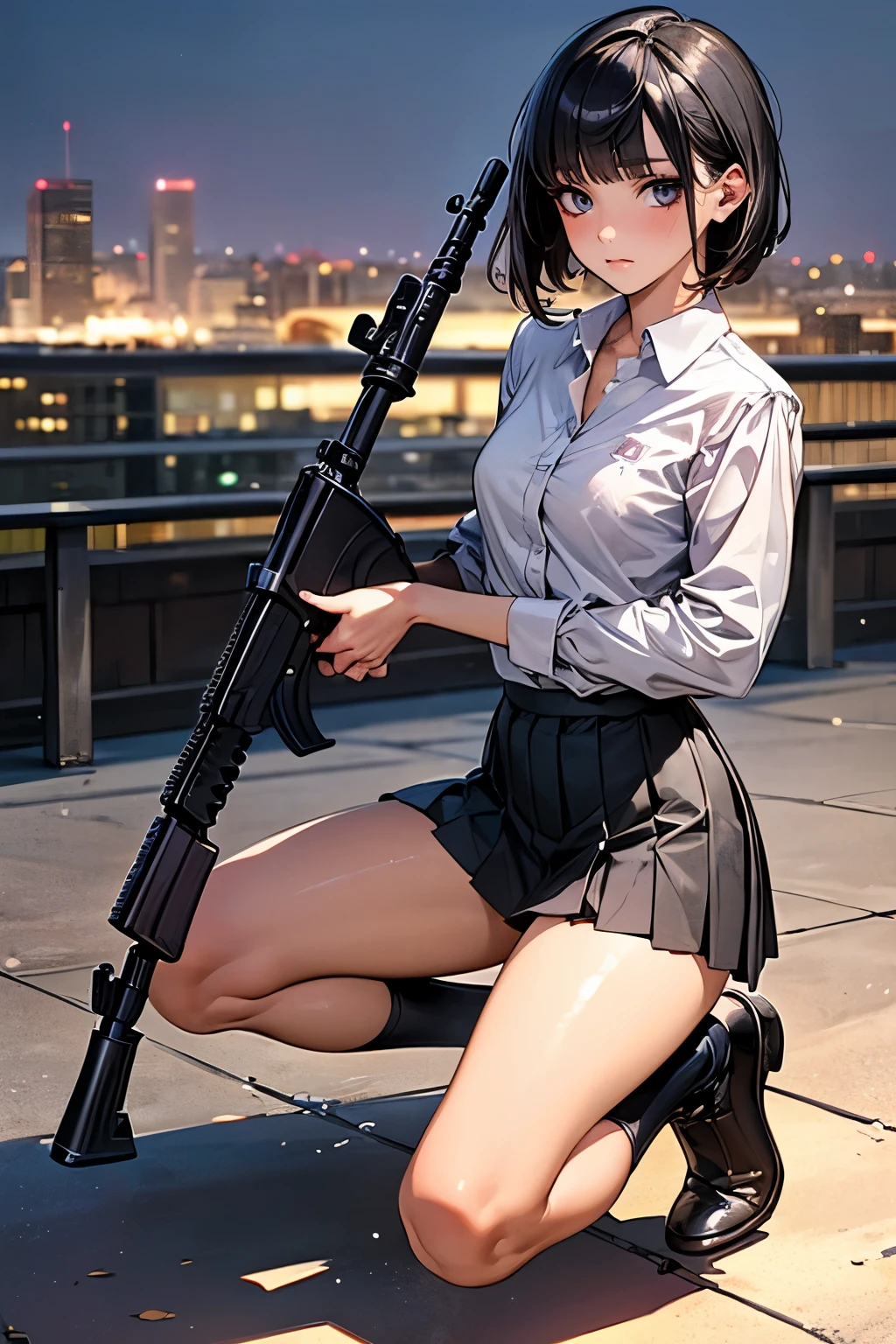 (((Woman firing an automatic rifle:1.5、excluding sight,A detailed depiction of an automatic rifle:1.7))),Synchronize your gaze and body direction、(((perfect anatomy:1.4,realistic:1.4,RAW Photography:1.4,masterpiece、highest quality、Ultra - High resolution、High resolution、Highly detailed CG、8K))),cowboy shot,1 female,solo、18 year old beauty,Japanese,((beautiful detailed face and eyes:1.3,big gorgeous eyes:1.3,gray eyes)),black hair,short bob hair,blunt bangs,blush,(medium breasts,slender body,small head:1.3,skinny),(gleaming skin:1.4,oily skin,shiny skin),(Female Soldier、White collared shirt、Pleated black mini skirt)、kneeling,High-rise building rooftop、at night、moonlight,