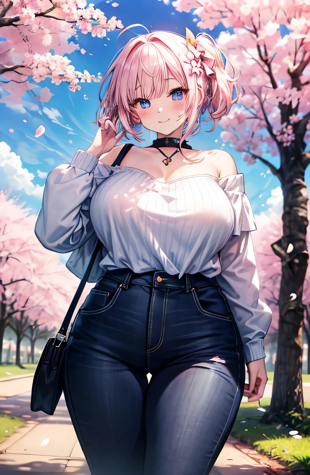 Anime illustration、highest quality、A short and plump high school girl、Off-the-shoulder shirt、Low-rise pants、Cherry-blossom viewing、Cherry blossom trees along the bank、Perfect proportions、overwhelmingly big breasts、Beautiful, shining eyes、Cowboy Shot、Blushed、smile