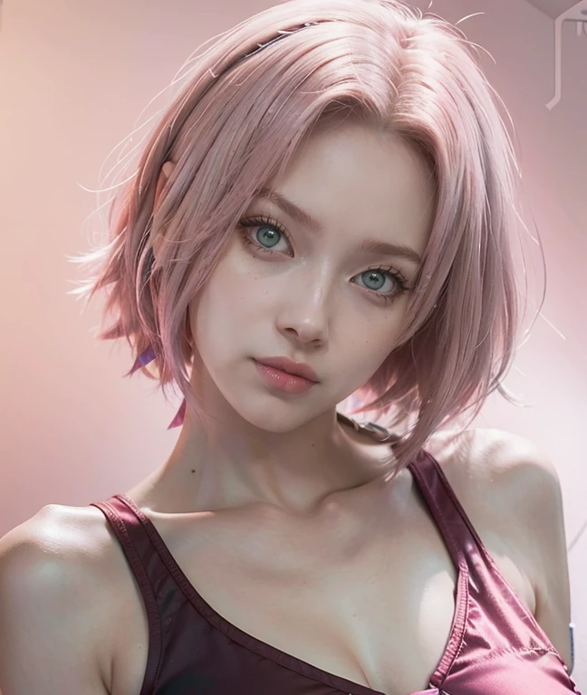 young woman, short shoulder-length pink hair, wide forehead, porcelain skin, pink eyebrows, big emerald green eyes, buttoned nose, full lips, heart-shaped face, slender body, small breasts, red tank top, Sakura Haruno , realistic, realism, details, 3d, well detailed
