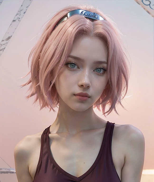 young woman, short shoulder-length pink hair, wide forehead, porcelain skin, pink eyebrows, big emerald green eyes, buttoned nose, full lips, heart-shaped face, slender body, small breasts, red tank top, Sakura Haruno , realistic, realism, details, 3d, well detailed
