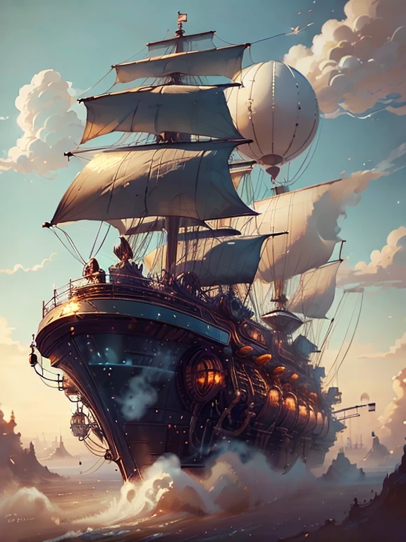 Masterpiece, high quality, steampunk, balloon, steamship, background is clouds floating in the blue sky