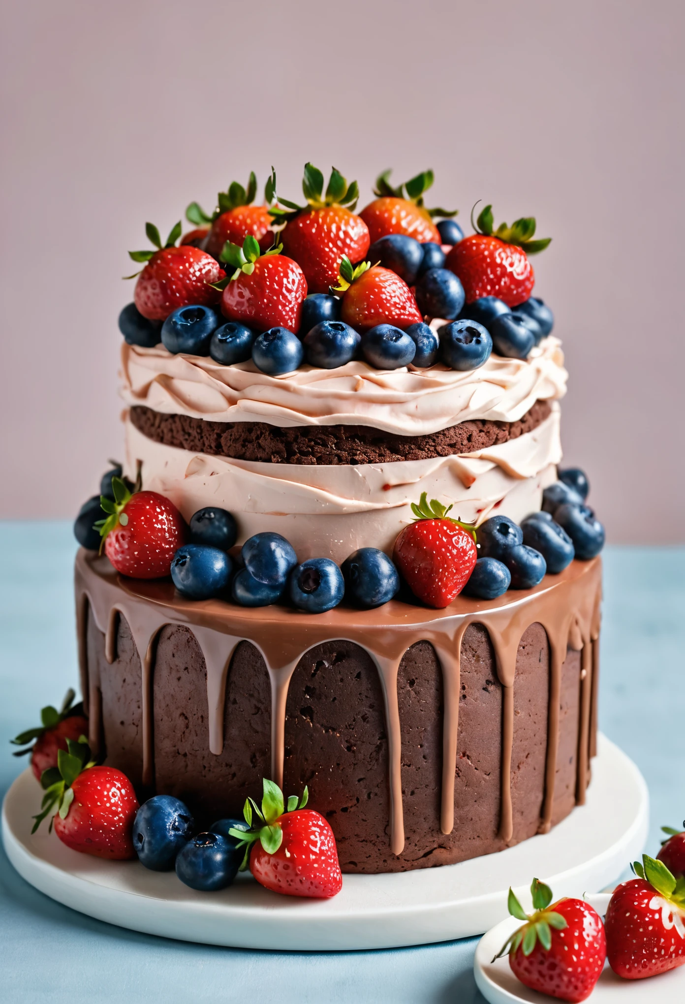 There is a chocolate cake with strawberries and blueberries, Birthday cake, The biggest cake, bolo, delicioso, Bolos, arte do bolo, Perfectamente detallado, " corteza de hierro, Award-winning - Award-winning crisp details ", Award-winning crisp details", Cobertura de fruta de fresa, Cherry and blueberry, Detalle perfecto, Dirigido por: Lee Loughridge, Food photography with polymer clay 4k, HAPPY BIRTHDAY, delicioso, retroiluminado, Escultura de pastel