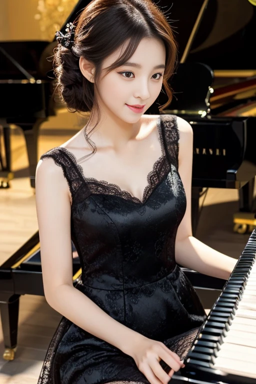 best quality，masterpiece，HD，Clear face，Black slightly curly medium length hair，Korean makeup，a korean beauty，Piano，Black lace dress，pianist