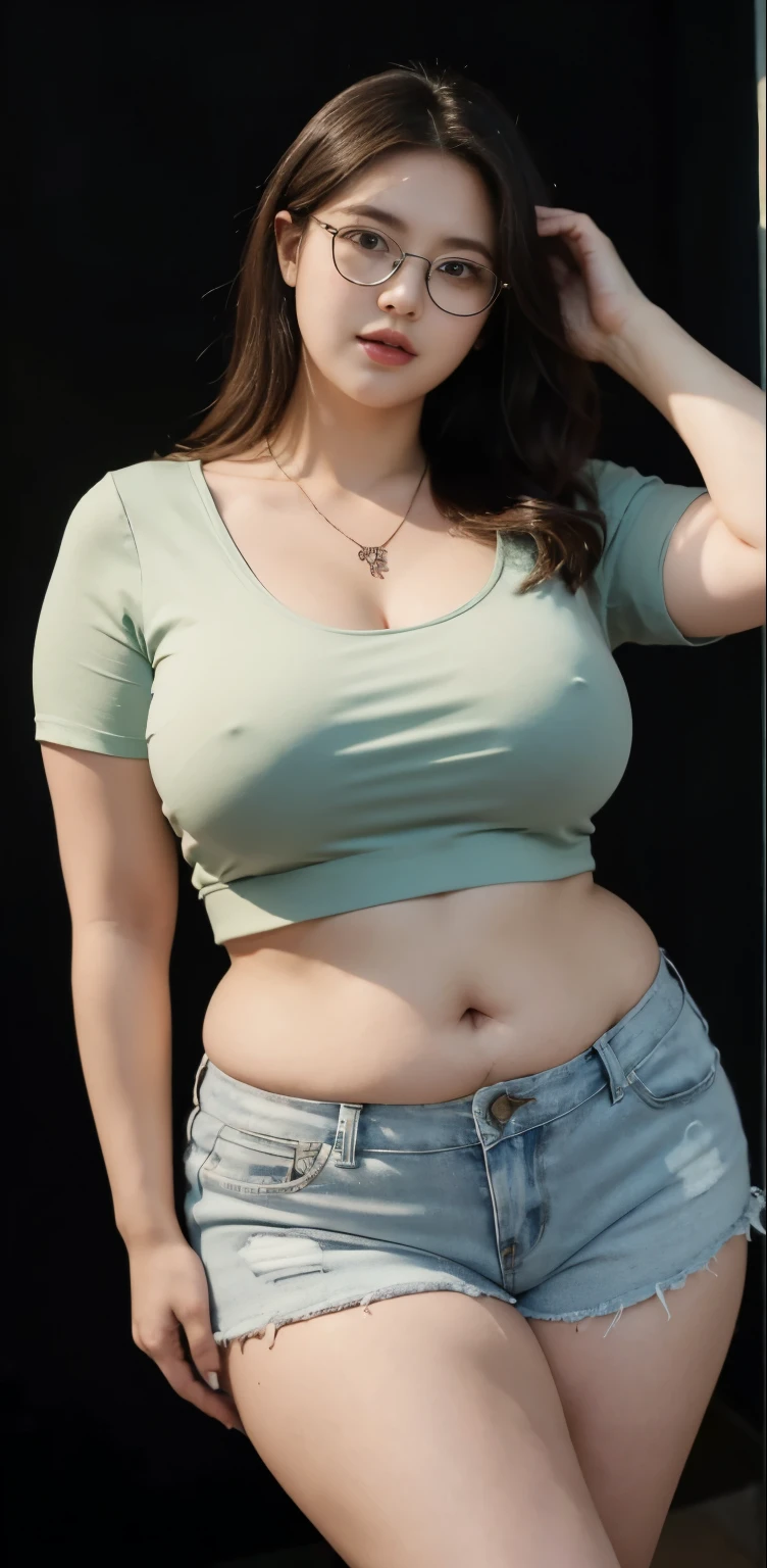 ((best quality)), ((masterpiece)), (detailed), perfect face, araffe woman in a long dark green shirt and 1/3 white denim skirt walking in black room , thicc, wavy short hair , she has a jiggly fat round belly, bbwchan, wearing tight simple clothes, skinny waist and thick hips, widest hips, her belly is fat and round, soft curvy shape, hyperrealistic full figure, wearing a cute top, wide hips, wearing 10 bracelet , wearing huge diamond necklace , slightly fat cheeks , glasses
