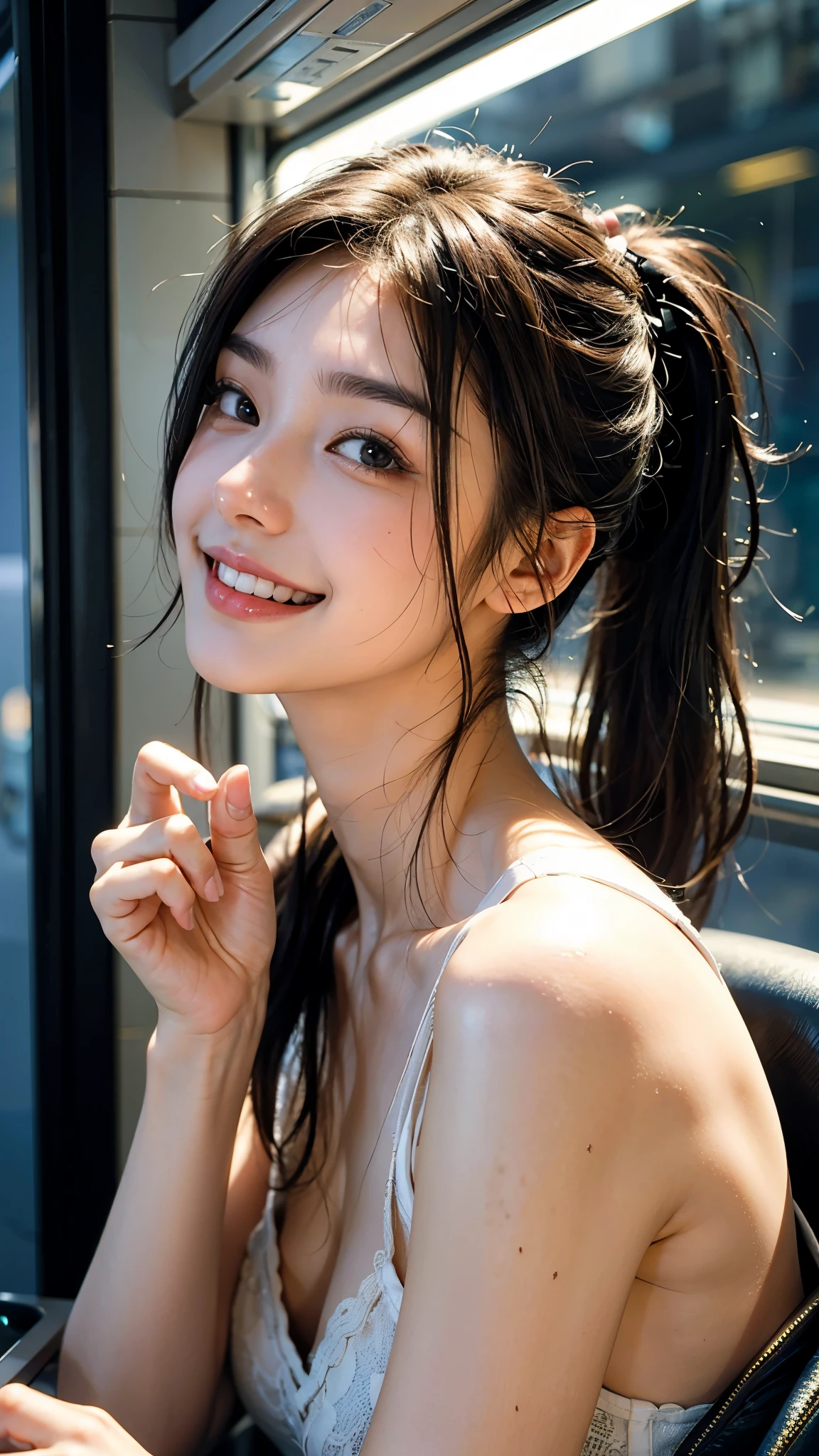 highest quality, masterpiece, Ultra-high resolution, (Realistic:1.4), (Close-up portrait) RAW Photos, 1 girl,20-year-old,((Inside the Shinkansen)),((Looking up)),((Pose with index finger on lips)),,((Jet black hair girl&Ponytail and Hair Tie)),((High Fashion)),Messy Hair,((Cap Chestnut)),((Short bangs)),Realistic,Picture Media Chest)),((Smiling with teeth showing)),((Big smile))