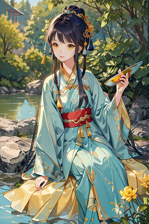 The best quality at its best,Intricate details,High resolution,(Beautiful detailed water:1.4),(Hanfu,Tang Feng),Yellow Eyes,(Girl in a glass bottle:1.1),Drinking milk tea