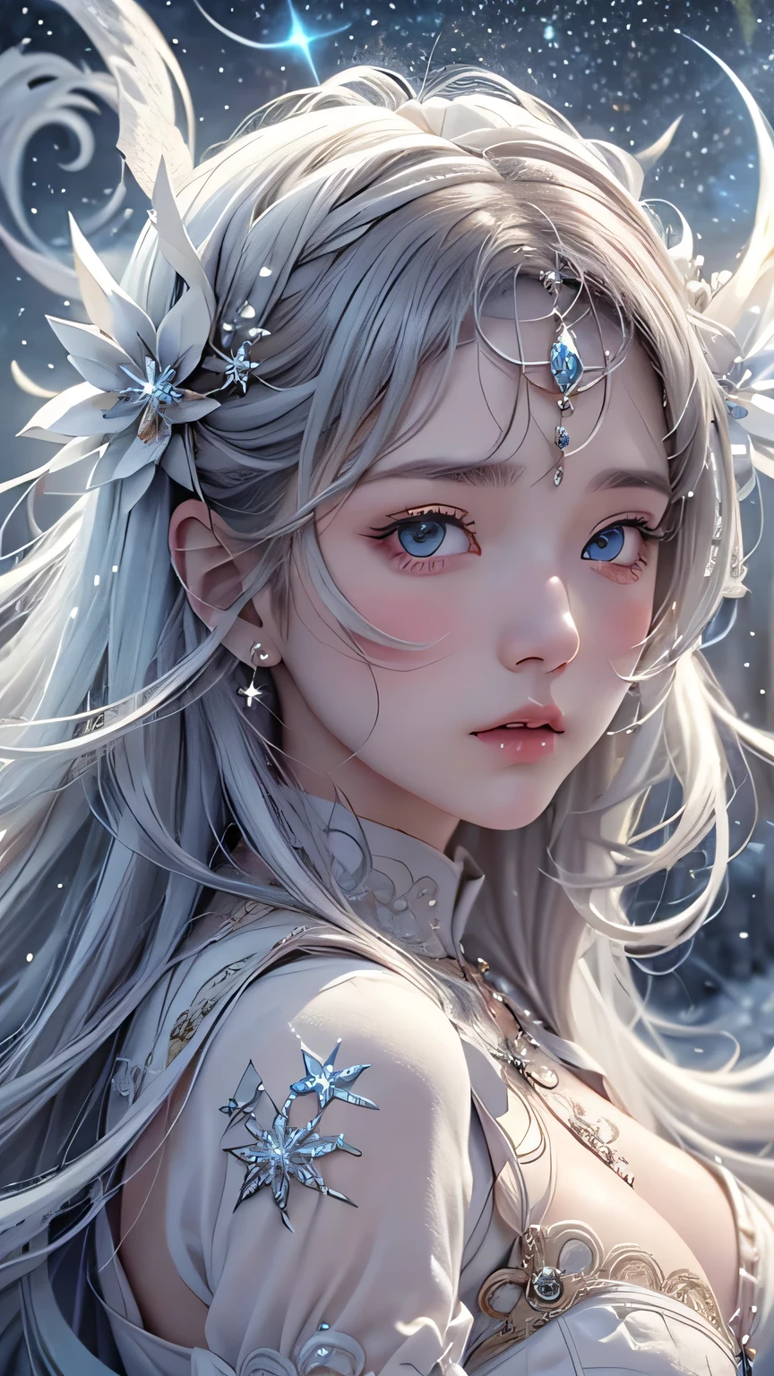 (Starry sky with the moon、Beautiful night sky:1.2)， （（masterpiece））， （detailed：1.4）、（heavyfall, snowfall in background），（From the knee up）、Realistic、 beautiful woman images，High resolution（High Dynamic Range），Ray Tracing，NVIDIA，Super Resolution，PBR Textures，Post-processing，Anisotropic Filtering，Maximum depth of field resolution and crisp layered textures，Albedo and Specular Maps，Surface Shading，Accurate simulation of material interactions，Perfect balance，Rendering with Octane，2-color light，Large Diameter，Low ISO，White balance，Rule 3 points、8K raw data、Backlight、dancing woman、Beautiful white and shining skin、White hair that changes with the light、Long bangs obstruct the view、Highlights of cheek luster、Sexy and very beautiful and lovely face、The most beautiful face in the world、Super long and gorgeous white hair、Smooth straight hair、White hair blowing in the wind、big, Sparkling light blue eyes、Beautiful Bangs、Beautiful cute girl 25 years old、Great cleavage,Dynamic pose、ice-flurry, snow
