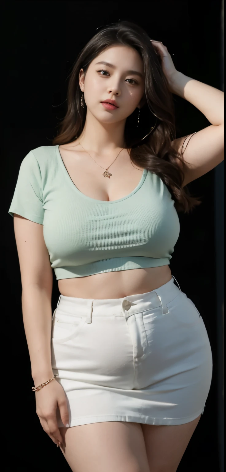 ((best quality)), ((masterpiece)), (detailed), perfect face, araffe woman in a long dark green shirt and 1/3 white denim skirt walking in black room , thicc,  wavy  short hair , she has a jiggly fat round belly, bbwchan, wearing tight simple clothes, skinny waist and thick hips, widest hips, her belly is fat and round, soft curvy shape, hyperrealistic full figure, wearing a cute top, wide hips, wearing 10 bracelet , wearing huge diamond necklace , slightly fat cheeks , glasses 