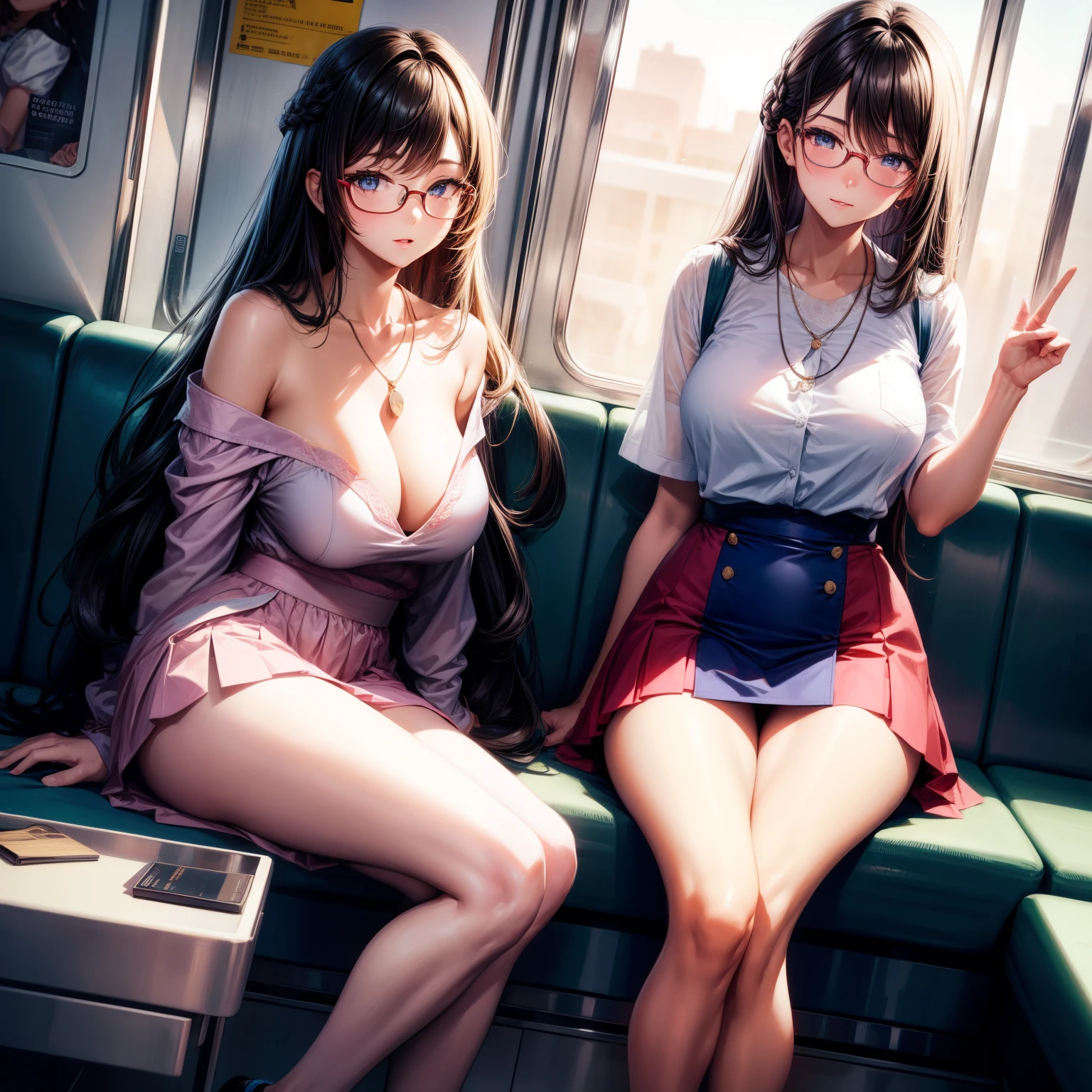 (8k ,Ultra Detailed,The best masterpiece,nature,Perfect work of art,Perfect female body),Two Women,Sister and younger sister, sisters,Rainbow hair,Perfect face,(huge ),Neighbor's Wife,woman hairstyle,elegant wife,Exquisite and inspiring ,20 years old,White skin,Messy hair,Perfect sexy body,Tone,flirtatious,Very large ,Yao Liu,Big butt very detailed,Train attendants,性感的Train attendants,Pink Stewardess,Open collar,Off-shoulder,miniskirt,wear glasses,In the train compartment,Detail background,necklace,Perfect eyes,,T-type small size,huge big