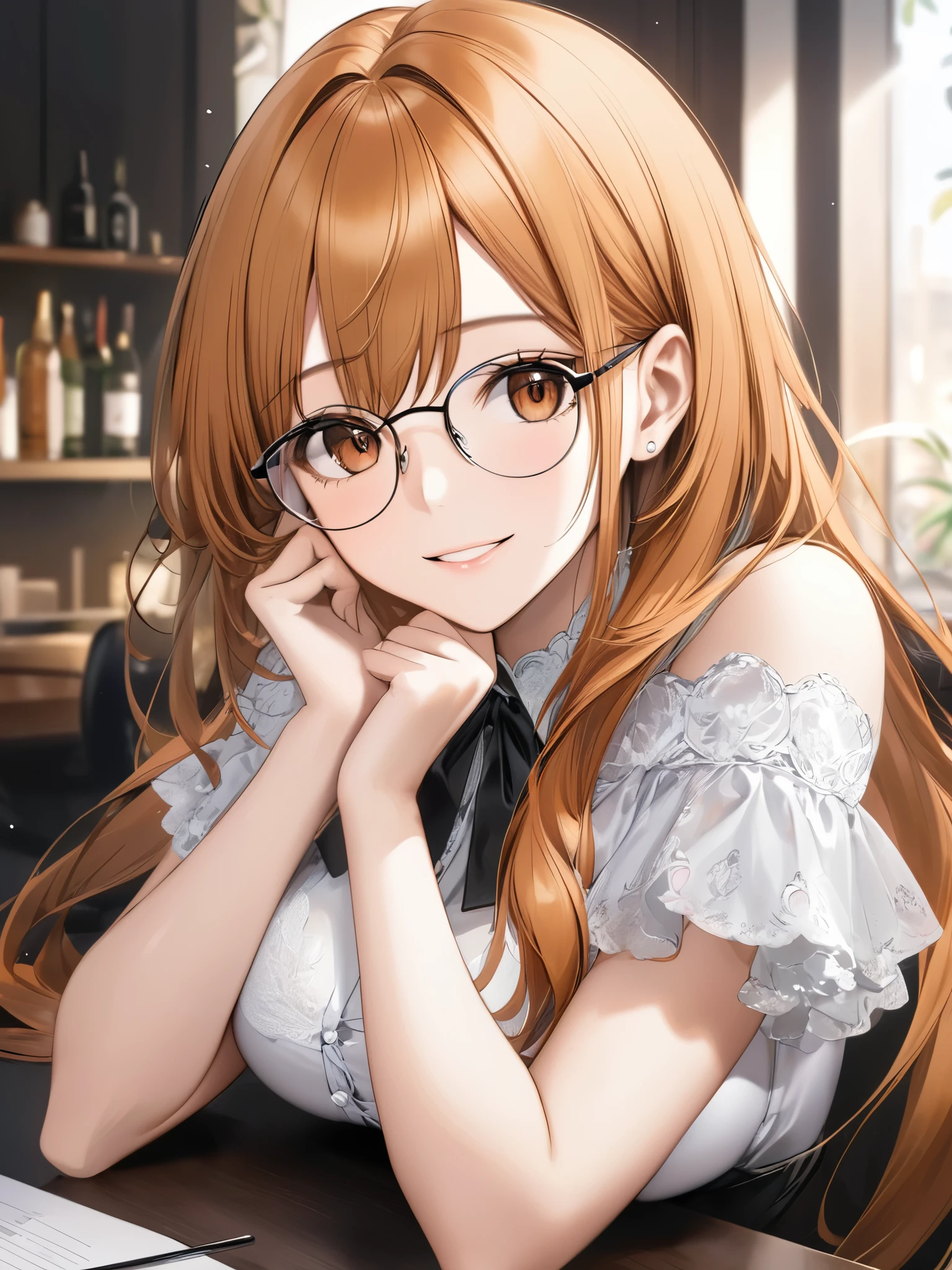 (masterpiece), (best quality),(ultra detailed),(extremely detailed),(absolutely resolution) ,absurdres,8k, cute and beautiful face, highly detailed face and eyes, 1girl, wearing silver-glasses, grin, hands up,elbows on table, (long hair, orange hair, brown-eyes:1.5), iairpin, big-breasts, (Intricate Iris Details,Depth and Dimension in the Pupils:1.0),