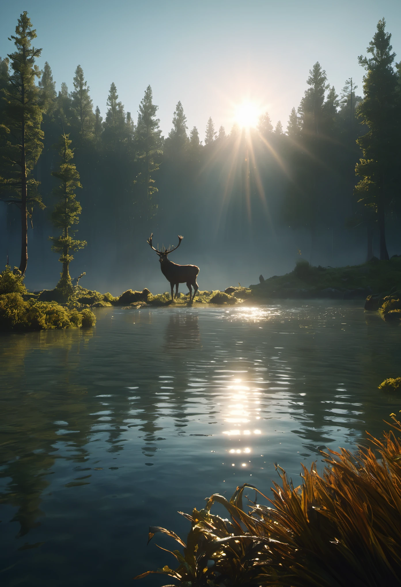 1 ciervo brillante en el lago, Rodeado de bosque, neblina, rayo de sol al ciervo, cinematographic, detallado, atmospheric, epic, arte conceptual, pintura mate, arte conceptual, Volumetric light, cinematographic epic + Regla de los tercios Octano Render, 8k, corona render, movie arte conceptual, cinematographic composition , ultra-detallado, realista , fancy, Volumetric lighting