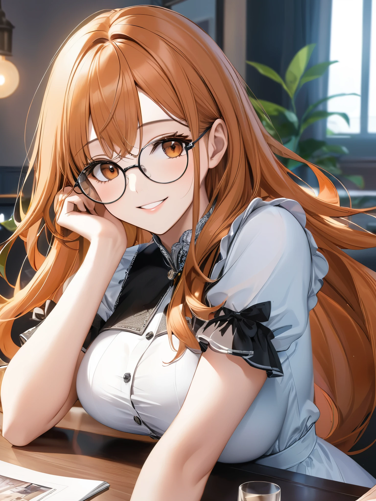 (masterpiece), (best quality),(ultra detailed),(extremely detailed),(absolutely resolution) ,absurdres,8k, cute and beautiful face, highly detailed face and eyes, 1girl, wearing silver-glasses, grin, hands up,elbows on table, (long hair, orange hair, brown-eyes:1.5), iairpin, big-breasts, (Intricate Iris Details,Depth and Dimension in the Pupils:1.0), 