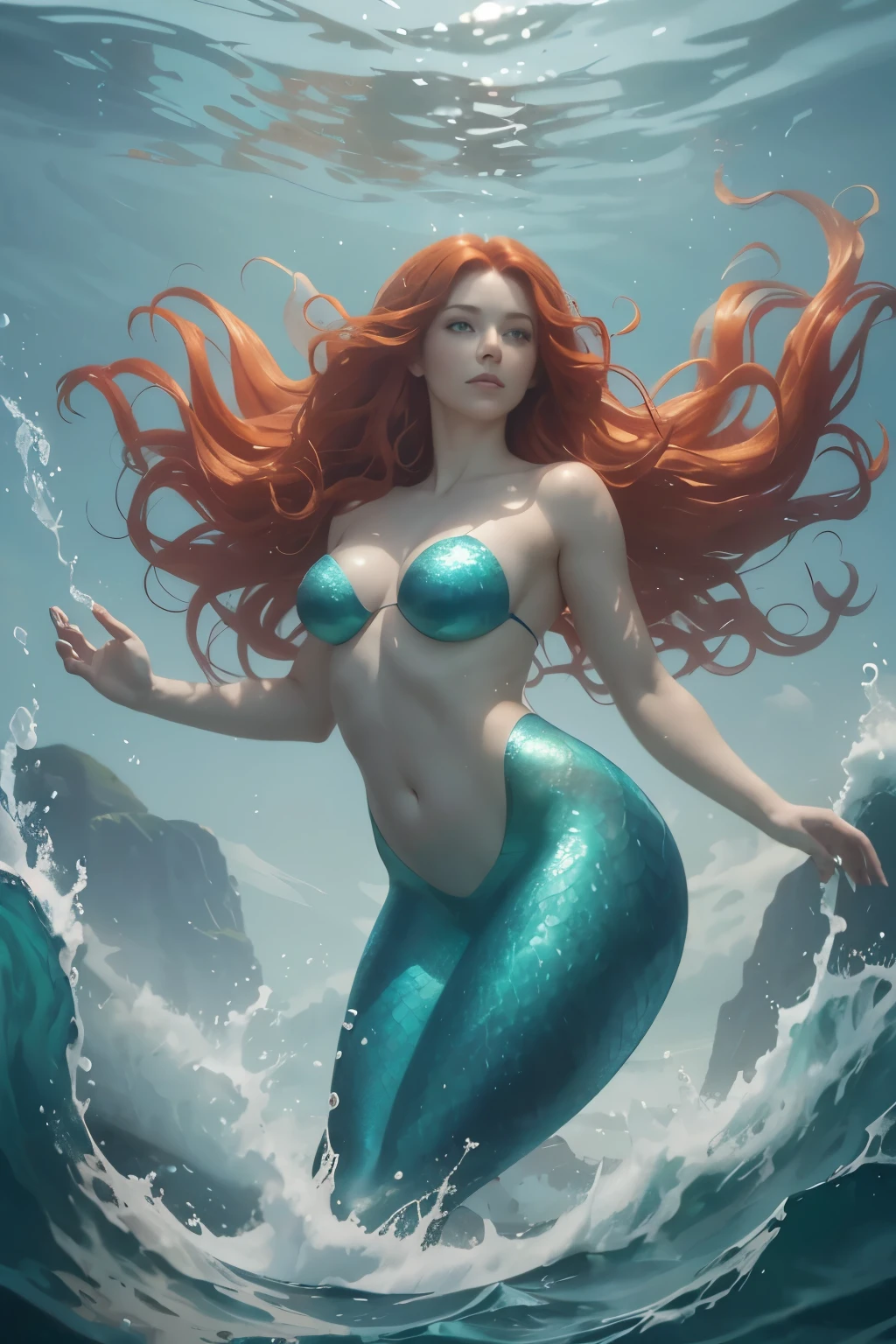 Amber Hearn, the gorgeous red-haired mermaid Float gracefully through the turbulent waves of the ocean. Long, flowing tresses flowed over her shoulders. It contrasts beautifully with the deep blue of the sea. She wears a scaly tail decorated with iridescent green and blue scales that shimmer in the sunlight. Mimic the movement of the waves around her. Her expressive face lifted up. Her eyes were bright as she seemed to be in contact with the water. Her power and grace can be felt through her fin-clad body. Strong, muscular arms emerged from her tail. Effortlessly propelling her forward as she swam through the choppy waters. A small island is visible. with towering cliffs in the distance The lush greenery provides a stark contrast to the barren sea floor. The sky above was filled with billowing clouds. Casting shadows across the waves It was as if nature was showing off this fascinating creature.