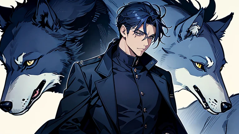 masterpiece, highest quality, Confused, male,Dark blue hair, Low Ponytail,Black and navy blue pilot suit,expensive,,Carrying wolves,He has a navy blue coat draped over his shoulders,,Dark blue eyes,Laugh a little,With the wolf,dawn
