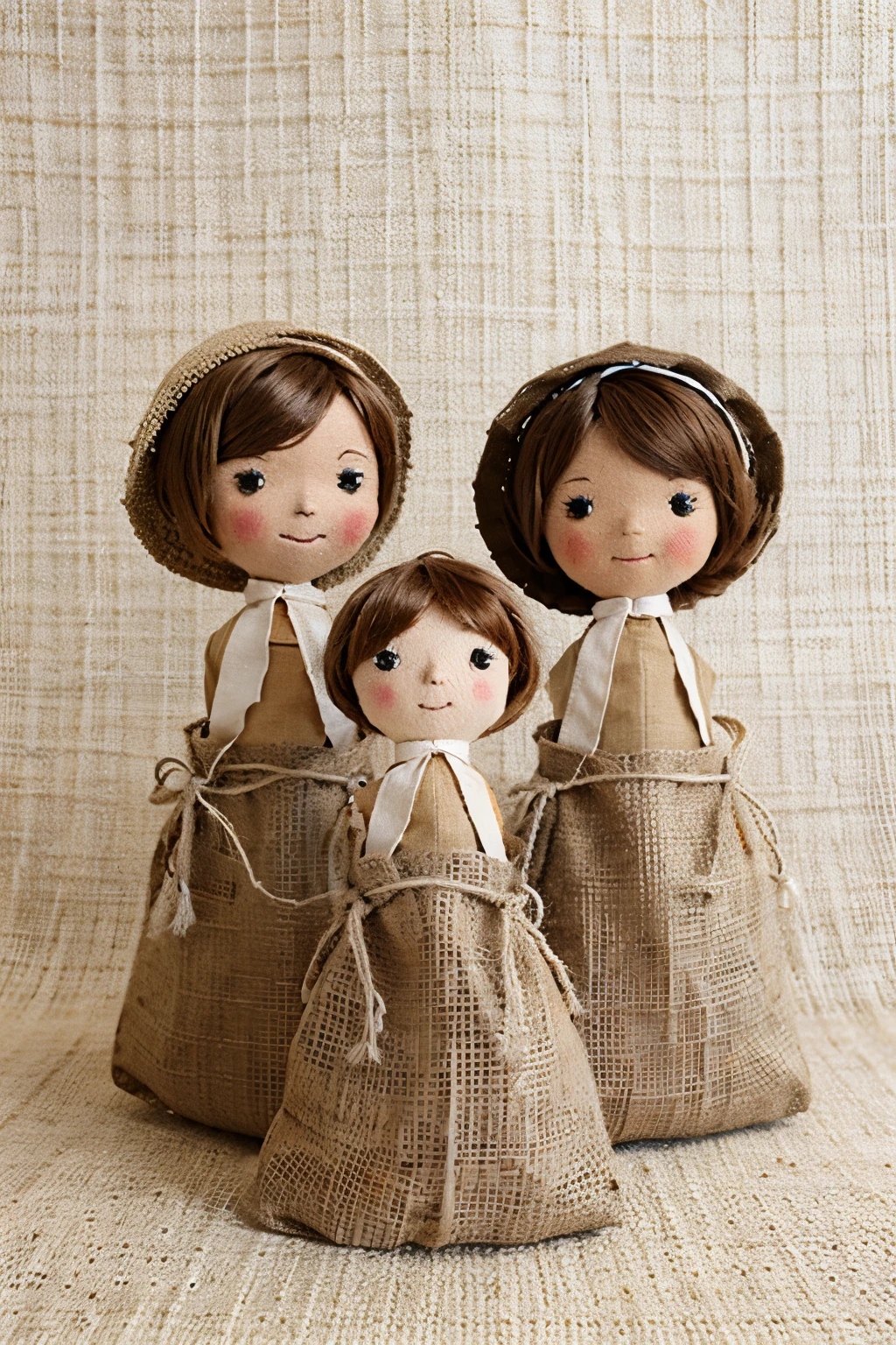 dolls made from burlap sacks dance on a white background