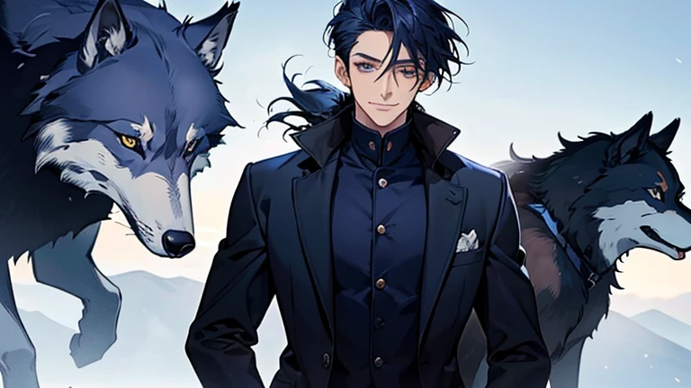 masterpiece, highest quality, Confused, male,one person,Navy Blue Hair, Low Ponytail,Black and navy blue pilot suit,expensive,,Carrying wolves,He has a navy blue coat draped over his shoulders,,Dark blue eyes,A kind smile,With the wolf,dawn