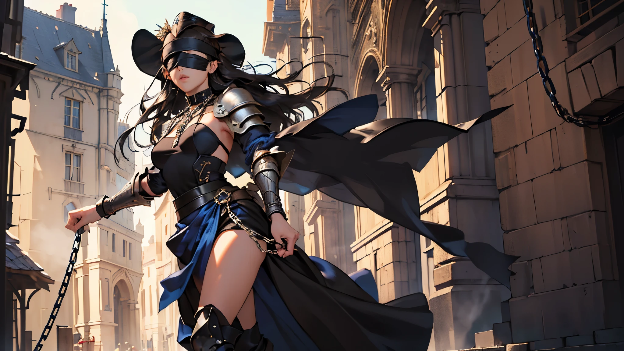 masterpiece, ultra detailed, 8k portrait, RAW photo, portrait photography, highly detailed face, beautiful and meticulous eyes, ((Fantasy)), 1 woman, solo, Young beautiful, dynamic pose, (black blindfold:1.5), (((brown long straight hair, forehead))), ((slave trader)), armpit, wood necklace, clergy hat, (((dark blue silk dress and long loincloth))) fluttering in the wind, (full plate heavy Armor:1.2), (((wide short pants))), (((leather boots))), (((holding a chain))), Midday Sun, hyper realistic, Body model, small breasts, Beautiful breasts, Long legs, in the medieval crowded street, Ambient lighting, Shadow details, Camera focus on face, strong breeze, Light fog