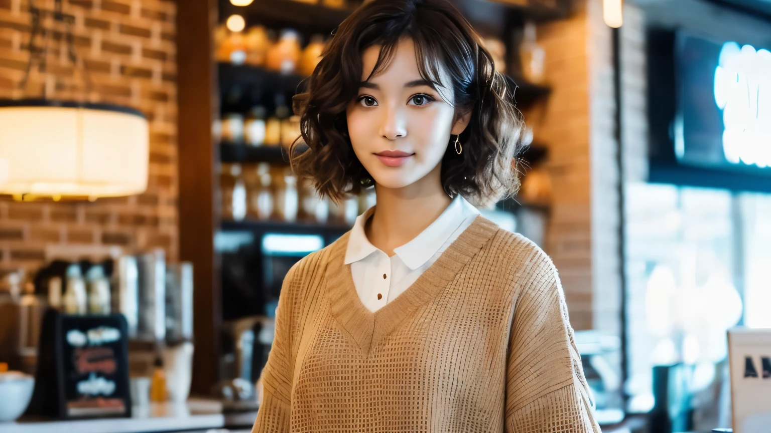 super high quality, Slender, The staff is working at the counter in the back., (8k、RAW Photos、highest quality、masterpiece:1.2), Stylish café, Fashion magazine photoshoot, (Realistic、Photorealistic:1.37), Beautiful Face , Mesh Hair, Normal chest, Urban Cafe, Golden Ratio, Raw photo, musician, Blurred Background, curl, Spring Clothes, Beauty, 30 years old, Neat clothes,