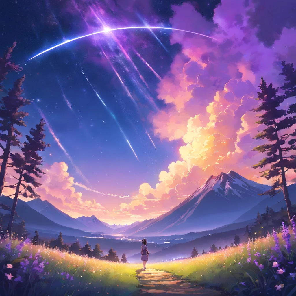 Vast landscape photography，（View from below，There&#39;s a sky above，Below is an open field），A stood in the flower field and looked up.，（full moon：1.2），（meteor：0.9），（Star Cloud：1.3），Fir Mountain, Tree BREAK Making Art，（Warm light source：1.2），（Glow worms：1.2），The lamp lights up，Lots of purple and orange，Intricate details，（highest quality），4K，Super detailed，（Dynamic configuration：1.4），Rich in details，Variety of colors，（Iridescent colors：1.2），（The light shines，Atmospheric lighting），dream Magic，Magic，（solo：1.