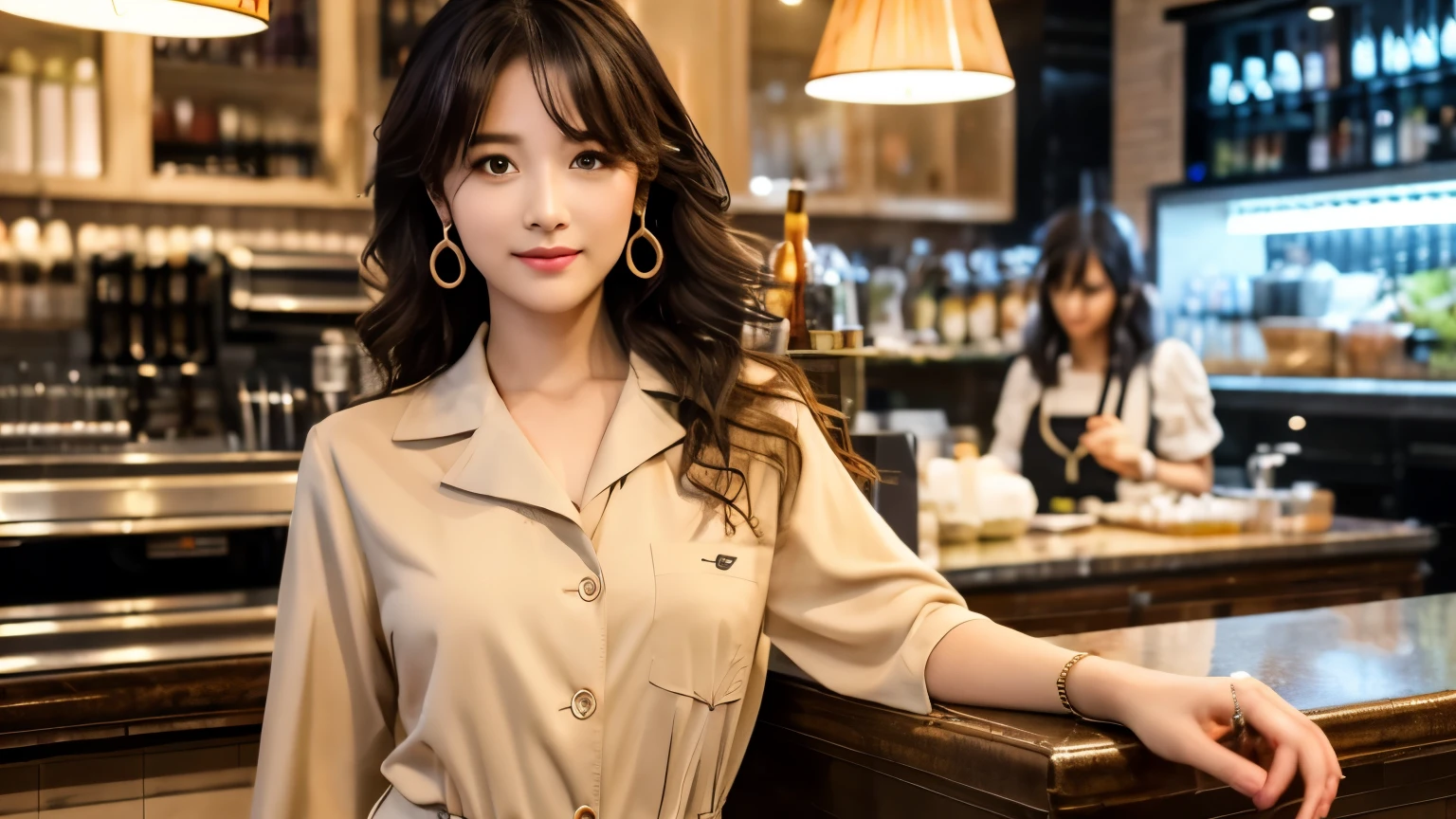 super high quality, Slender, The staff is working at the counter in the back., (8k、RAW Photos、highest quality、masterpiece:1.2), Stylish café, Fashion magazine photoshoot, (Realistic、Photorealistic:1.37), Beautiful Face , Mesh Hair, Normal chest, Urban Cafe, Golden Ratio, Raw photo, musician, Blurred Background, curl, Spring Clothes, Beauty, 30 years old, Neat clothes, 
