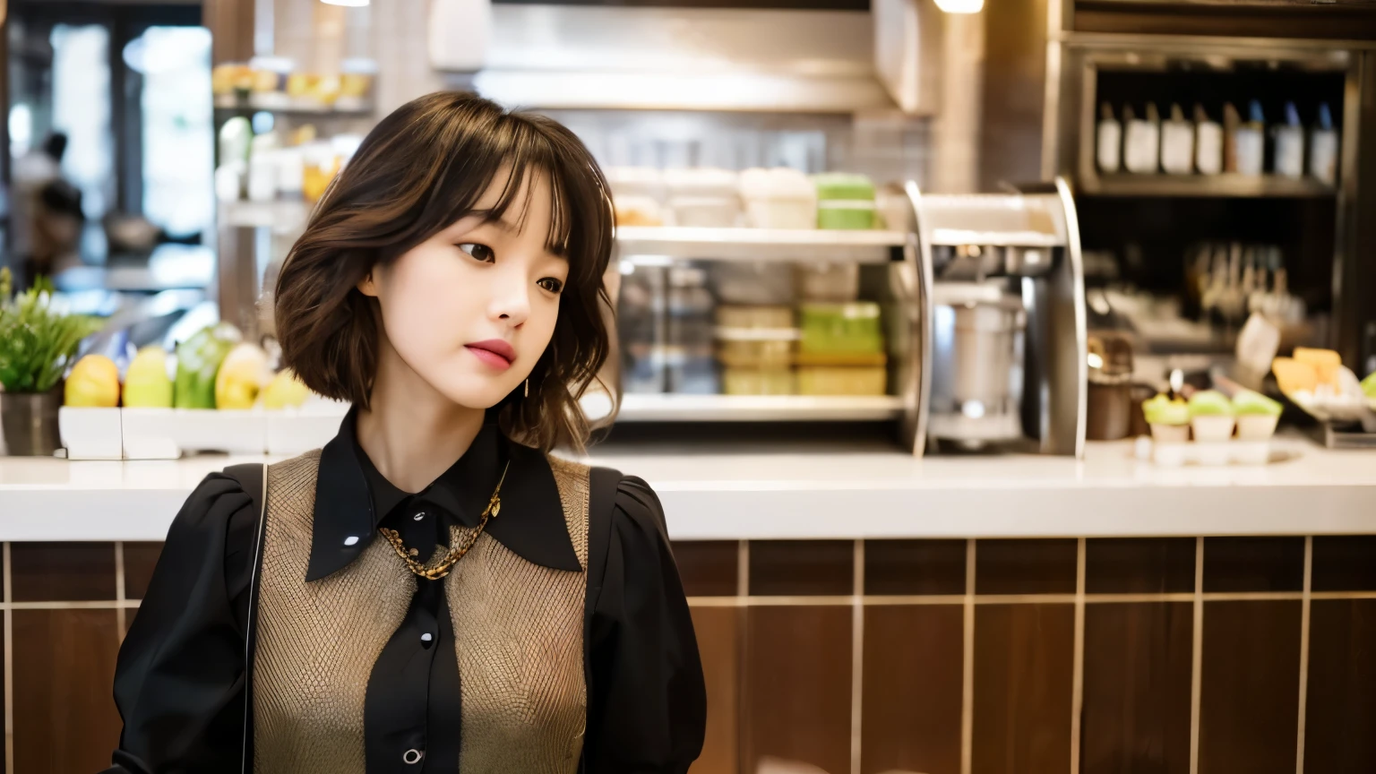 super high quality, Slender, The staff is working at the counter in the back., (8k、RAW Photos、highest quality、masterpiece:1.2), Stylish café, Fashion magazine photoshoot, (Realistic、Photorealistic:1.37), Beautiful Face , Mesh Hair, Normal chest, Urban Cafe, Golden Ratio, Raw photo, musician, Blurred Background, curl, Spring Clothes, Beauty, 30 years old, Neat clothes,