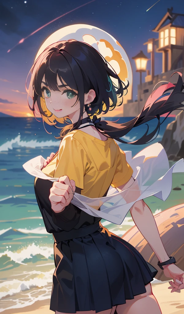 (8K), (Masterpiece), ((Show the whole body)), ((One mature woman, alone)), ((Bob Short Hair:2.0, Neat yellow school shirt:2.0, Black Mini Skirt 2.0)), Left shoulder one shoulder, Neat and mature clothing, Beautiful detailed hair, Brown brunette hair, ((The back hair inner color is pink)), ((Rounded chin:2.0)), Beautifully detailed face, Perfect beautiful face, View your viewers, Smile, Mouth tightly closed, (Perfect beautiful eyes, Green Eyes), modern clothing, Quiet beach and starry sky at dusk, (Large piercing in left ear)