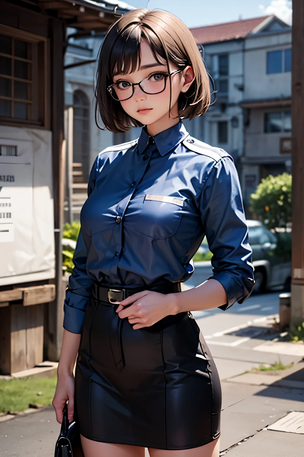 a pretty girl messenger, wearing large glasses, undercut hair, wearing postal uniform, in a post-apocalyptic world