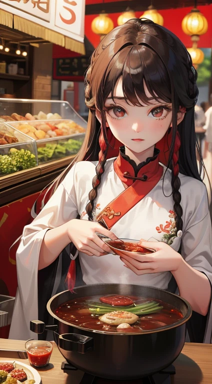 Chengdu girls eat hotpot，delicate facial features，delicate，（The garment is embroidered with lotus motifs.：1.4），（Chinese red：1.4），Lively food stalls，night，red，A wide variety of hotpot ingredients，Twisted Braid，8k，Ultra-fine，masterpiece，accurate needle，More about pubic hair，Dynamic Viewing Angle