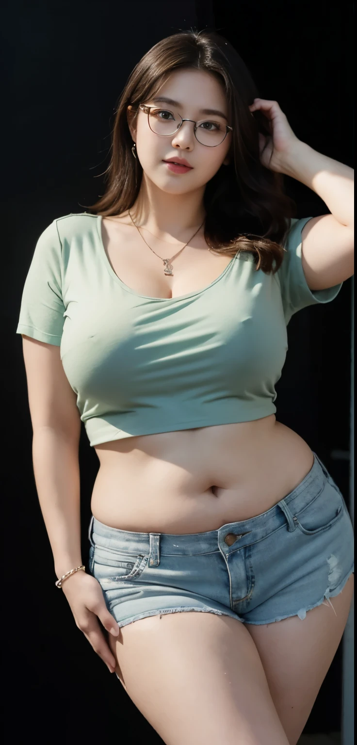 ((best quality)), ((masterpiece)), (detailed), perfect face, araffe woman in a long dark green shirt and 1/3 white denim skirt walking in black room , thicc, wavy short hair , she has a jiggly fat round belly, bbwchan, wearing tight simple clothes, skinny waist and thick hips, widest hips, her belly is fat and round, soft curvy shape, hyperrealistic full figure, wearing a cute top, wide hips, wearing 10 bracelet , wearing huge diamond necklace , slightly fat cheeks , glasses