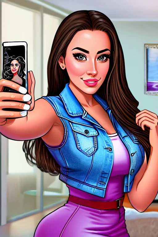 digital drawing, 4k, Comic Babes, Best quality, Masterpiece, a woman taking a selfie in a beige dress and a denim jacket, 30 year old woman from Cuba, Violeta Myers, ayahausca, the extremely hot and sexy, angelawhite, skin latina, colombian, lorena avarez