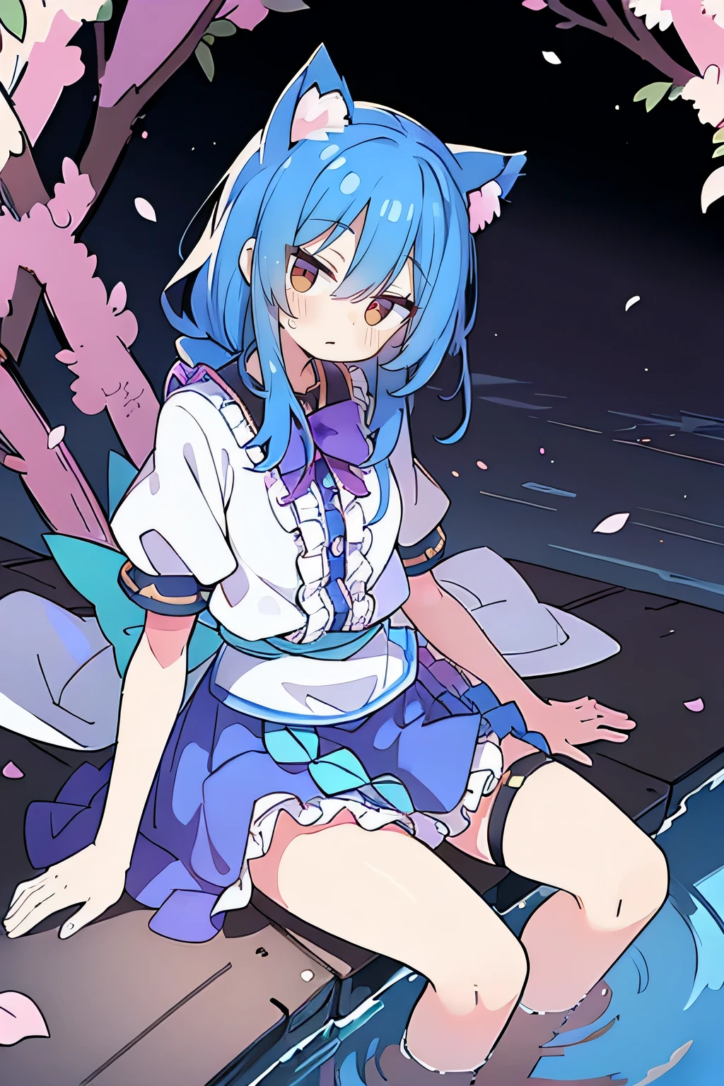 (masterpiece:1.2),ultra-detailed,realistic,expressive eyes,fair-skinned,perfectly shaped face,1girl,
Japanese cartoons,Gorgeous blue hair, flowing blue hair,floating clothes,cat ears,petals falling,beautiful Lola,Hina Angel,
hands on waist,gracefully sitting on the ground,legs crossed,gentle and serene background,cool and comfortable pavilion.