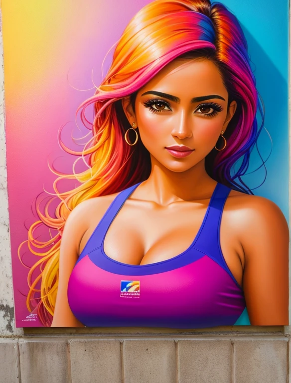 pintura de grafite, arte de rua, Papel de parede de unidade CG extremamente detalhado de 16k, Paisagem 16k, obra de arte, obra de arte, melhor qualidade, incredible light brushstrokes, de uma mulher colombiana em estilo grafite em uma parede branca com cores vibrantes.