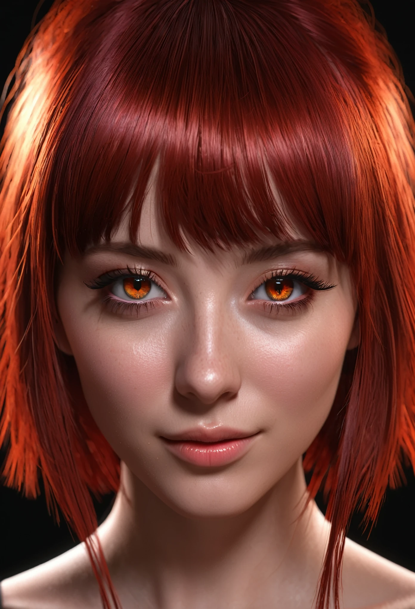 1girl, star eye, blush, perfect illumination, red hair, red eyes, unreal engine, sidelighting, detailed face, bangs, bright skin, simple background, dark background,