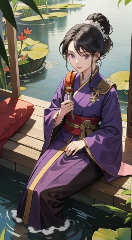 A wonderful masterpiece, 1人のgirl，Put your hair up, Fair skin, girlの漢服, Black Hair, girl, Iris, Brownish purple Han dynasty costume, Combine, Ultra Clear, Facial retouching, Pond Background, View your viewers，Sit on the sofa in the hall