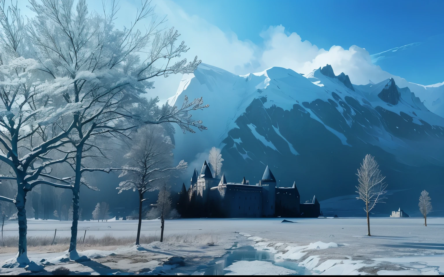 ice forest, cold, ice, sky, shadow of a castle