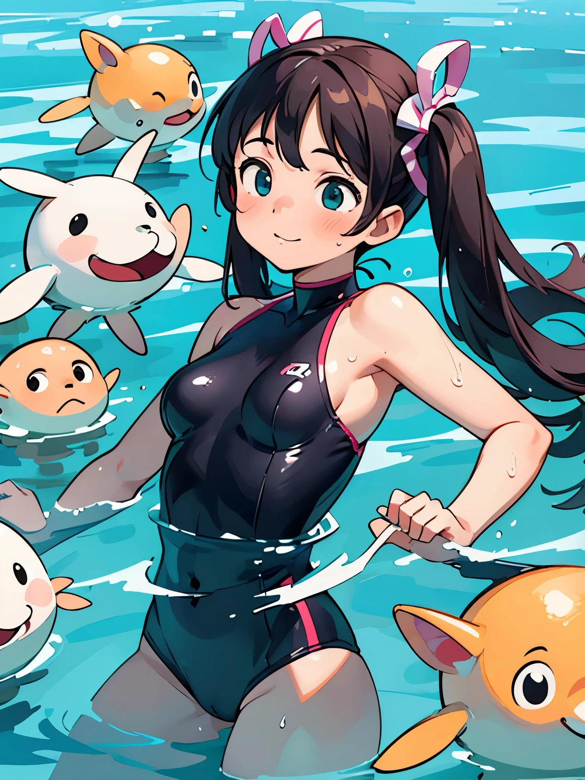 (masterpiece、highest quality、highest quality、Official Art、Beautiful and beautiful:1.2)、(One girl:1.3)Hatsune Miku、Twin tails,Beautiful breasts, ,swim with dolphins in the ocean,Beautiful breasts,Diving Suits,snorkel,Coral