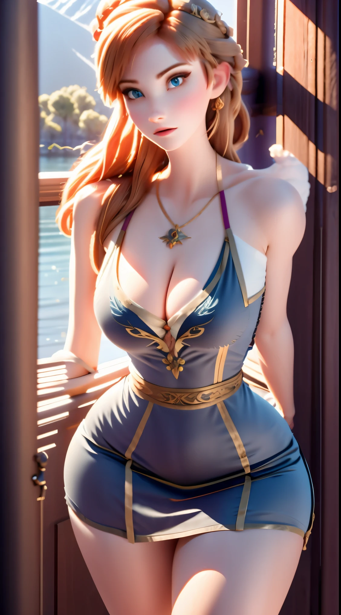 Photo of Anna of Arendelle as a teacher, teacher, teacher clothes, mini dress, Anna from Disney Frozen movie, tall and sexy, superb face, perfect body, provocative, Nice, show breasts, huge breasts, tall, sexy legs, bursting huge breasts, wide hips, busty, sexy, enormous breasts, happy.