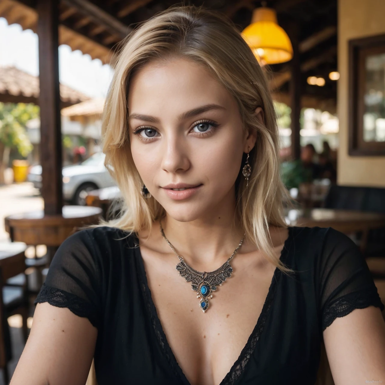 A 23-year-old blonde woman, ((pechos grandes)), ((hiperrealismo)) ,. blonde hair with light brown roots. cabello rubio, Hair with brown roots, cabello extra largo, cabello muy largo, really long hair, Beautiful, Front view, selfie, photo taken with iPhone, elegant black shirt with escote, escotada, selfie in the garden, high quality, selfie iPhone, cleavage