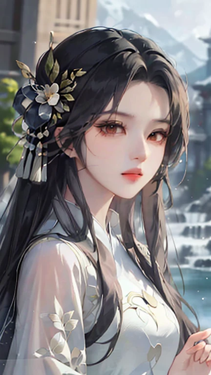 Hero'A masterpiece incorporating the style of the ancient Wei Dynasty,Close-up of dark-haired woman,Eye focus,Exquisite and spectacular character art,Creates a stunning aesthetic and antique feel,Asian architecture,Delicate brushwork and depth of field、Immerse yourself in the scenery,Fanqiu's world can be regarded as the beauty of mountains and rivers,Liu Yifei,