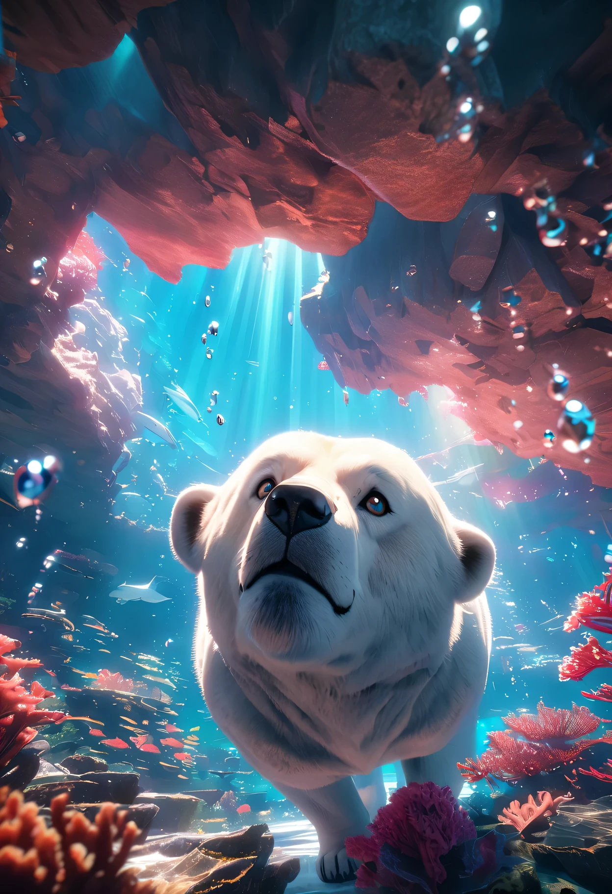 A polar bear diving under an ice sheet, crystal clear icy water, serene underwater scenery, sunlight shining through the cracks, beautiful reflections, ethereal blue hues, shimmering ice formations, breathtaking underwater life and corals, intricate details of bubbles and ripples, immersive 3D rendering, highest quality rendering, ultra-detailed ice textures, vibrant and vivid colors, realistic lighting effects.