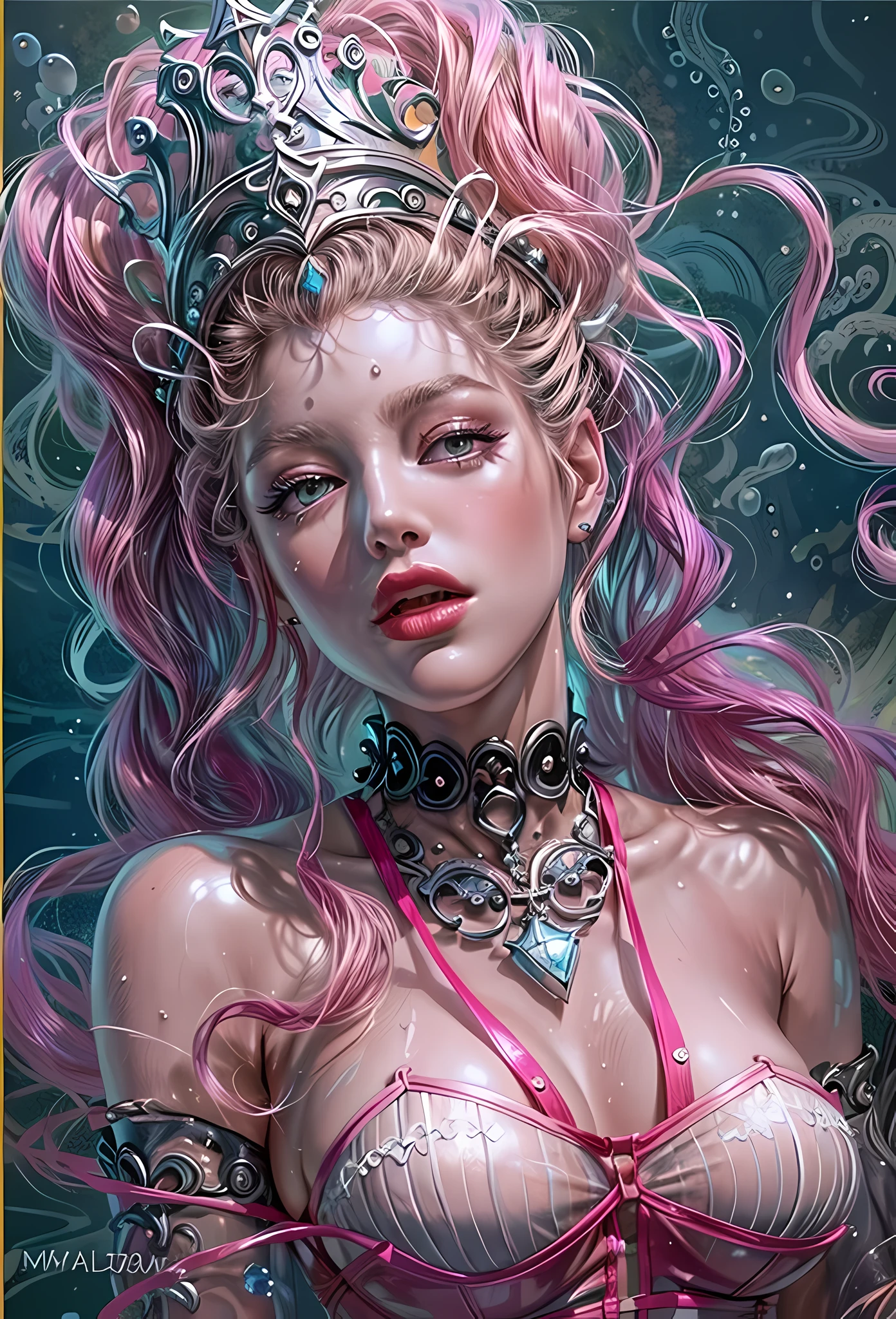 a pin up picture of goth (female: 1.4) as a dominatrix sea queen (best details, Masterpiece, best quality :1.5), ultra detailed face (best details, Masterpiece, best quality :1.5), ultra feminine (best details, Masterpiece, best quality :1.5), wearing latex pink bikini , pink stockings, pink high heels, she has gills,  long braided hair, hair pulled back, blond hair, underwater background (best details, Masterpiece, best quality :1.5), rich sea plants,  ultra best realistic pictures , best details, best quality, 16k, [ultra detailed], masterpiece, best quality, (extremely detailed), ultra wide shot, photorealism, depth of field, hyper realistic painting
