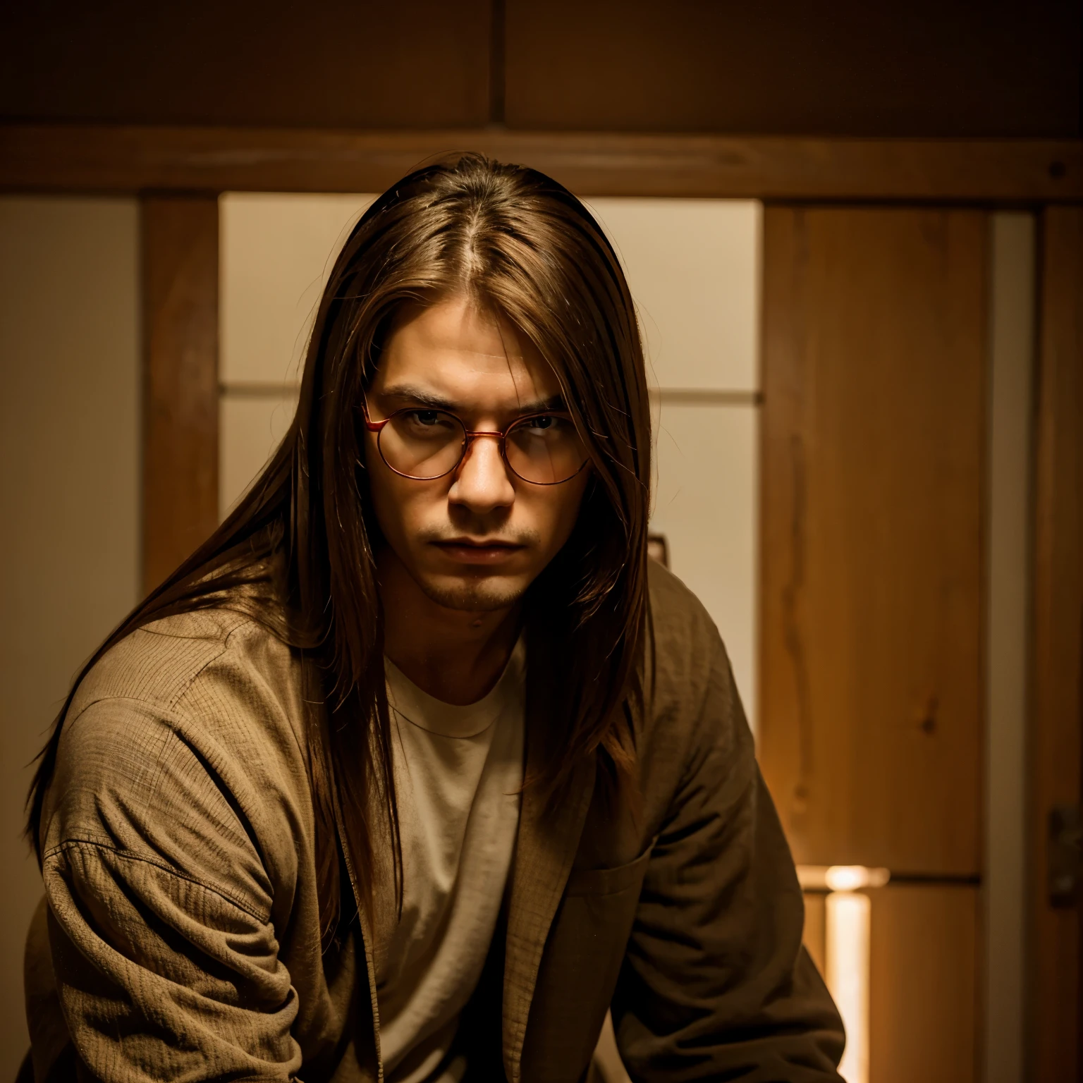 A beautiful red-eyed man, angry, with straight hair, honey-colored skin, round glasses, and ground clothes.