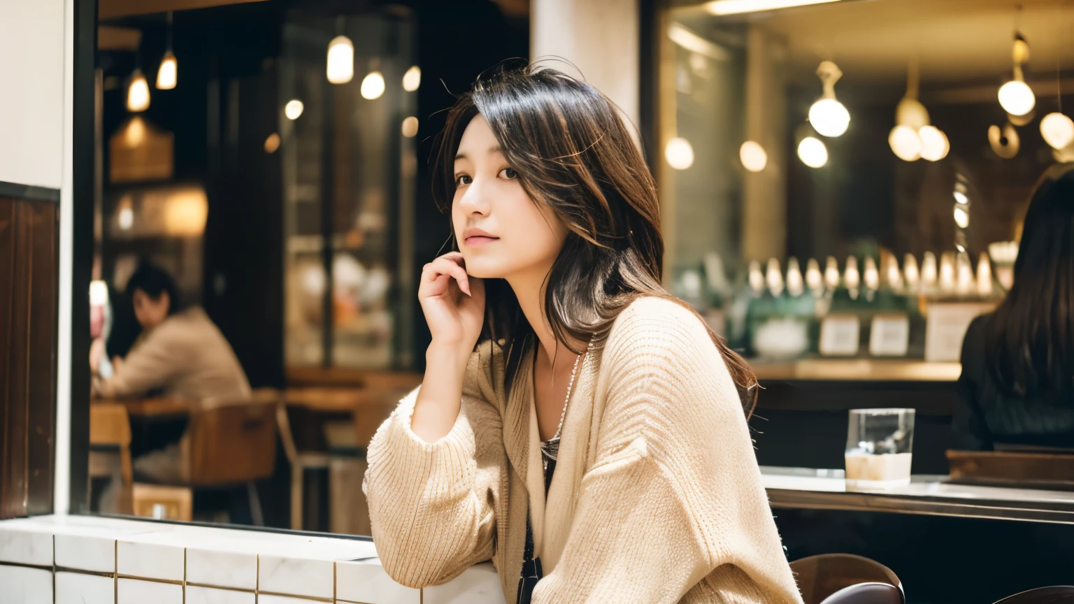 super high quality, Slender, The staff is working at the counter in the back., (8k、RAW Photos、highest quality、masterpiece:1.2), Stylish café, Fashion magazine photoshoot, (Realistic、Photorealistic:1.37), Beautiful Face , Mesh Hair, Normal chest, Urban Cafe, Golden Ratio, Raw photo, musician, Blurred Background, Spring Clothes, Beauty, Beautiful hairstyle, 20-year-old, Hair blowing in the wind, Neat clothes,
